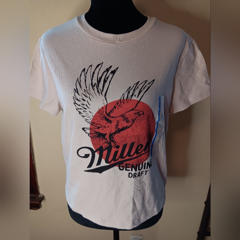 Hybrid Apparel White Short Sleeve Tee with Red Sun & Black Bird Graphic,#L Run M